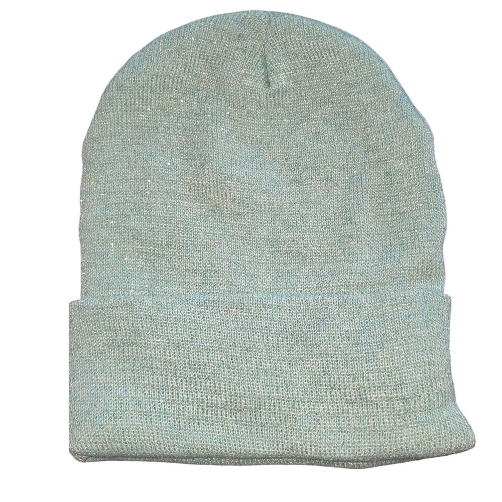 Light Blue Metallic Shimmer Knit Beanie Sparkle Cuffed Winter Hat